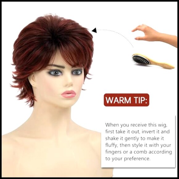 Short Curly Synthetic Wig Layered Pixie Cut with Bangs Natural Looking Daily